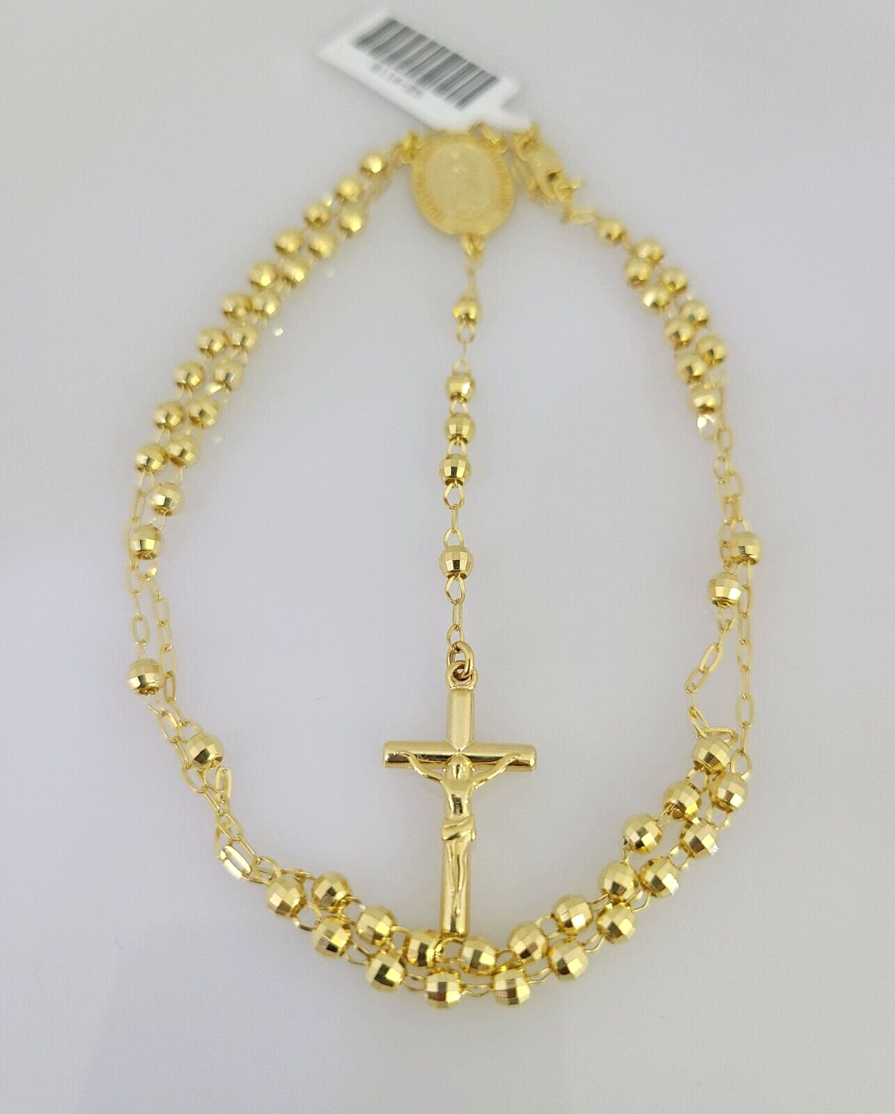 Real 14k Gold Rosary Necklace Jesus Cross Women Diamond Cut Chain 16 INCHES
